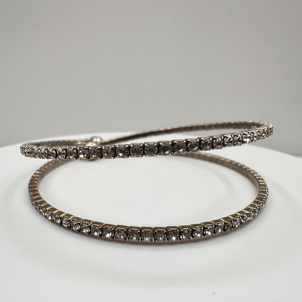 Vintage 90s Silver Tone Clear Glass Double Wrap Bangle Bracelet for Women